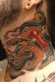 erkek boyun eski okul renk şeytani yılan elma dövme deseni