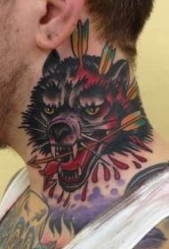 cilvēka kakla vecās skolas krāsainā ļaunā suņa galva ar bultiņas tetovējuma modeli