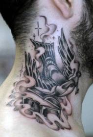 kaklo juodai balto paukščio ir dėžutės rakto tatuiruotės modelis