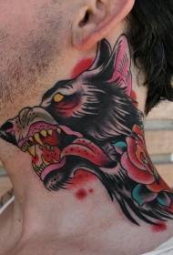 modello di tatuaggio lupo pazzo vecchia scuola colore collo