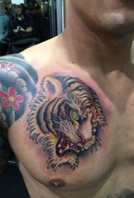 Chest Asian style tiger head tattoo pattern