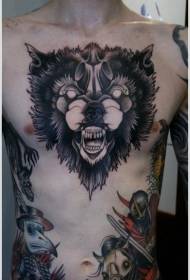 männlech Brust schwaarze Wolfkop Tattoo Muster
