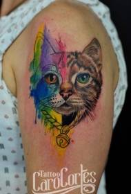 balikat semi-makatotohanang kalahati ng watercolor cat head tattoo pattern