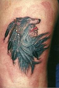 Цветная татуировка с изображением индейца и волчьей головы