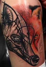 Tatuaje de cabeza de raposo semi-realista semi-xeométrico de perna