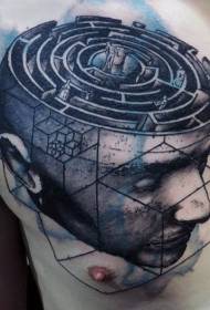 thoracic surreal style color maze head tattoo