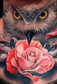 Neck Owl and Rose Tattoo