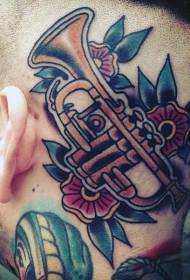 Cabeça cor estilo antigo estilo grande trompete e flor tatuagem