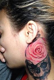 girl's neck personality skull rose tattoo