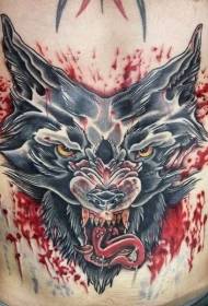 padrão de tatuagem de cabeça de lobo sangrento de cor à moda antiga abdominal