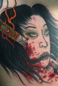 modello di tatuaggio testa di colore sanguinante al petto