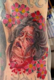 Scary color cutting head female head with flower tattoo pattern
