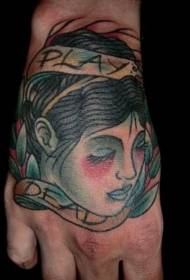 eskuaren atzeko kolorea vintage simple emakumearen burua tatuaje eredua