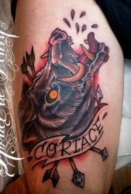 disegno del tatuaggio testa di cinghiale insanguinato colorato di gamba