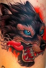 leg color New school style color devil wolf head tattoo