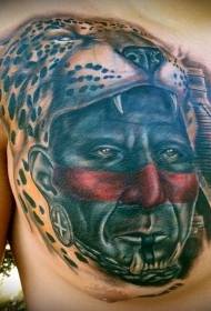 Këscht gemoolt realistescht Aztec Portrait an Leopard Kapp Tattoo Muster