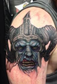 肩部插画风格色的恶魔战士头纹身图案