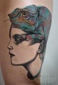 нога недовршена боја жена глава со голема гуштер тетоважа