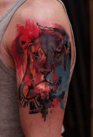 spalla Modello di tatuaggio testa di leone stile realistico in stile acquerello