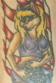 Shoulder Color Blonde Girl with Wolf Head Tattoo Pattern