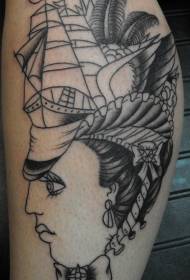 سفينة القراصنة وشم على رأس المرأة السوداء على الساق
