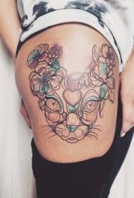бедро скица стил цвят котка главата цвете татуировка модел
