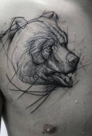 гърдите черно-бяла линия мечка главата скица татуировка модел