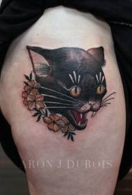 muslo color dibujos animados gato negro cabeza flor tatuaje patrón