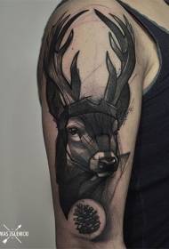 큰 팔 스케치 검은 사슴 머리 문신 패턴
