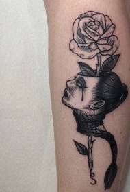gaya surealis perempuan kulit hitam pola kepala dan mawar 34798 - semi-realistis semi-geometris hitam dan putih pola tato kepala harimau