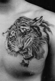 bryst ser meget realistisk brusende tigerhoved tatoveringsmønster