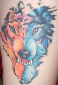 橙色和藍色的狼頭紋身圖案