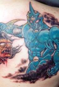 Kepala iblis dan pola tato ksatria biru