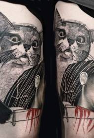 Modello di tatuaggio di donna e gatto urlando nero stile incisione coscia