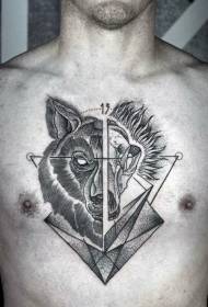 gravering stil bröst svart varg huvud med geometriska tatuering mönster