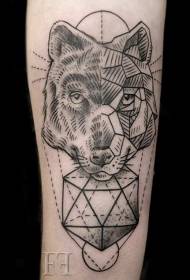 cabeça de lobo preto de estilo de gravura combinada com padrão de tatuagem de jóias geométrica