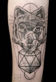 kuchora kichwa mbwa mwitu mweusi pamoja na muundo wa tattoo ya jiometri