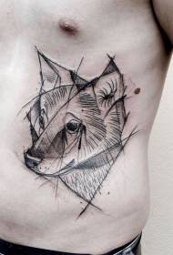 costela lateral padrão de tatuagem de cabeça de raposa minimalista de linha preta