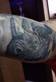 φυσικό μαύρο και άσπρο σχέδιο τατουάζ κεφάλι ρινόκερου στο εσωτερικό του βραχίονα