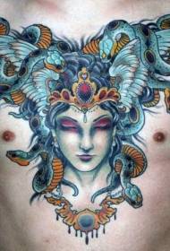 Chest Huge Painted Evil Medusa Tattoo Pattern