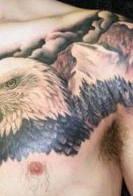 Cabeza de águila con cabeza de hombro y patrón de tatuaje de montaña