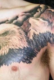 Kichwa cha tai kilicho na kichwa na muundo wa tattoo ya mlima