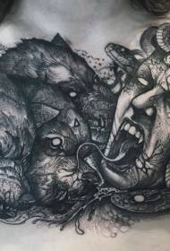 Chest Evil Medusa with three-headed wolf tattoo pattern