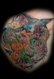 cabeça de gato com assustador padrão de tatuagem de cemitério de Halloween