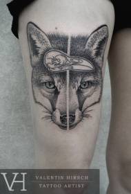 thigh engraving style black fox head with bird skull tattoo pattern