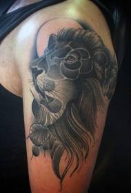tecknad stil svartvitt lejonhuvud storarm tatueringsmönster