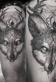 Thigh engraving style black spider web and fox head tattoo pattern