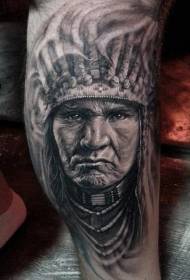黑白逼真的印第安人肖像纹身图案