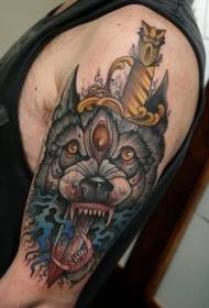 lengan besar belati darah menakutkan dan pola tato tato warna avatar anjing setan