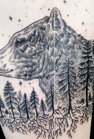 cabeça de urso de linha preta e padrão de tatuagem de floresta